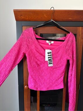 Stevies Hot Pink Long Sleeve Lace-Texture Scoop Neck Top